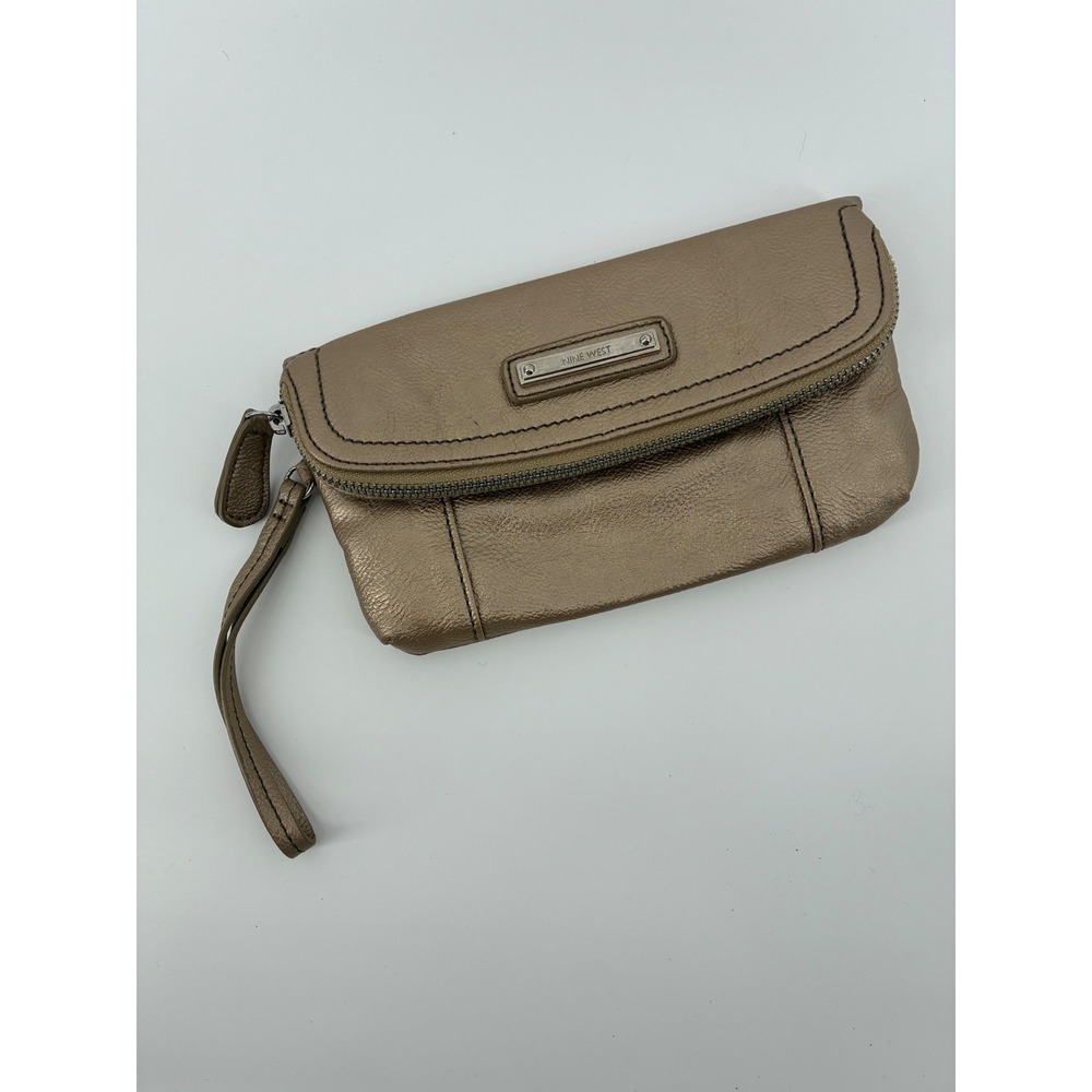 Nine West Metallic Bronze Faux Leather Wristlet Clutch Bag